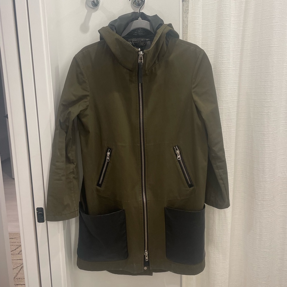 Olive Hooded Long Coat with Leather Trim - Picture 3 of 5
